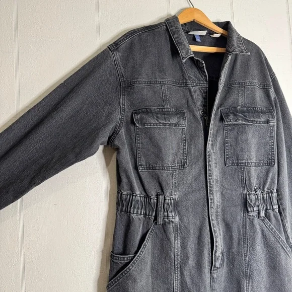 Universal Thread Denim Jumpsuit Sz 16 Black Barrel Leg Zip Up Long Sleeve - Picture 3 of 16